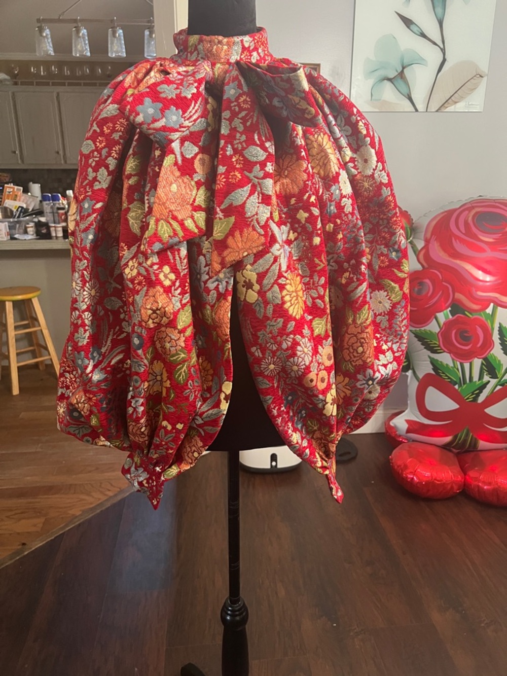 AKIRA Red Floral Bubble Sleeve Top with Multicolor Brocade